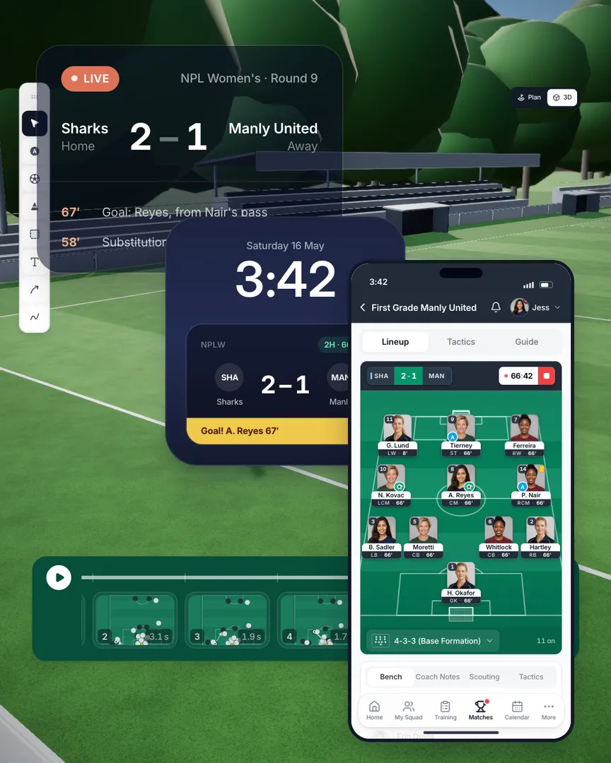 A short corner planned in the Session Planner and presented in 3D, then scored on Saturday and seen live on the coach's phone, a family's lock screen and the club's Live Hub.